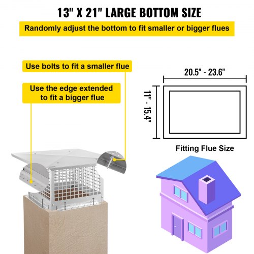Chimney Cap 13 x 21 Flue Caps 304 Stainless Steel Fireplace Chimney