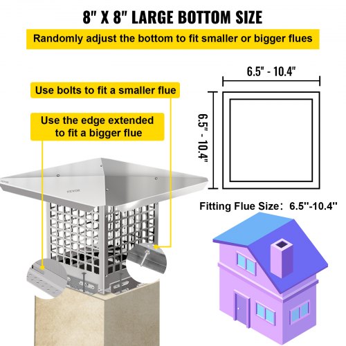 Chimney Cap 8 x 8 Flue Caps 304 Stainless Steel Fireplace Chimney