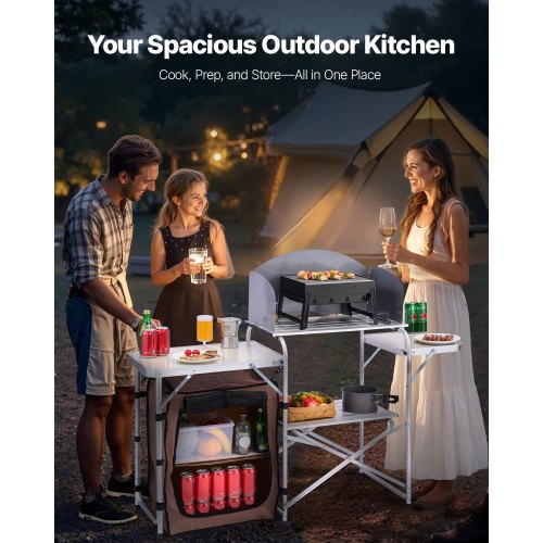 Outdoor 2Tier Kitchen with Zippered Bag Portable Folding Cook Table for BBQ