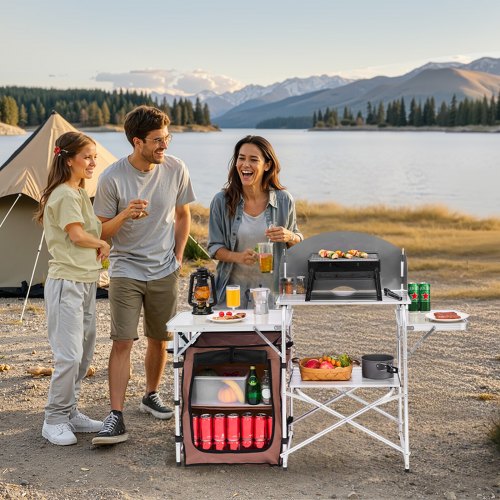 Outdoor 2Tier Kitchen with Zippered Bag Portable Folding Cook Table for BBQ