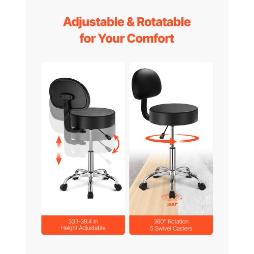 Rolling Stool with Back Support and Wheels 450 LBS Weight Capacity Round