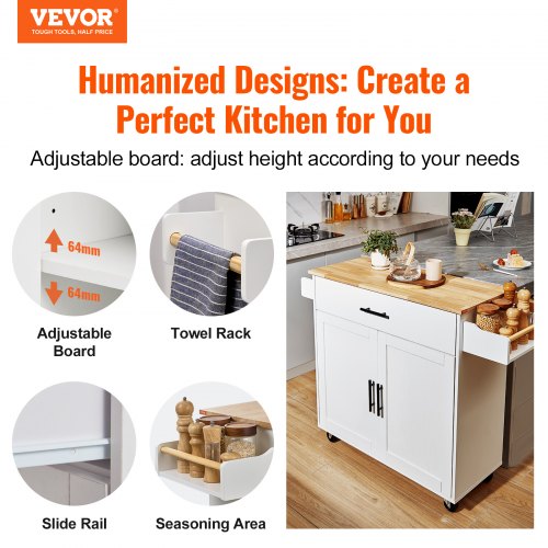 Kitchen Island Cart with Solid Wood Top 354 Width Mobile Carts with Solid Wood