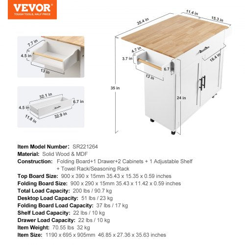 Kitchen Island Cart with Solid Wood Top 354 Width Mobile Carts with Solid Wood