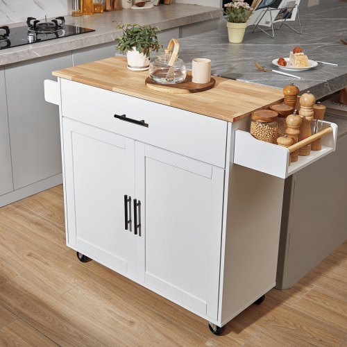 Kitchen Island Cart with Solid Wood Top 354 Width Mobile Carts with Solid Wood