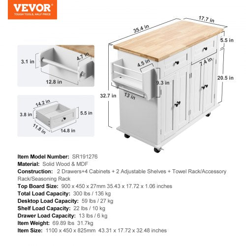 Kitchen Island Cart with Solid Wood Top 354 Width Mobile Carts with Solid Wood