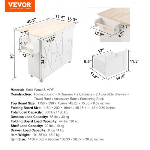 Kitchen Island Cart with Solid Wood Top 453 Width Mobile Carts with Solid Wood