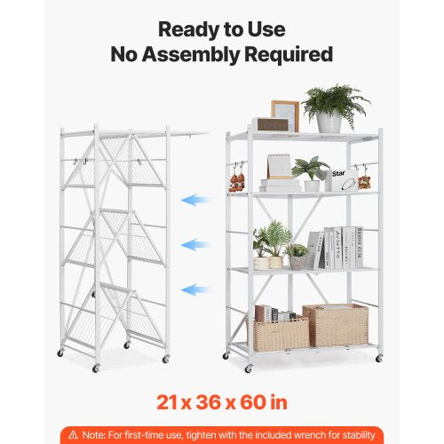 4Tier Foldable Storage Shelf 36W x 21D x 60 H Inch Folding Metal Rack