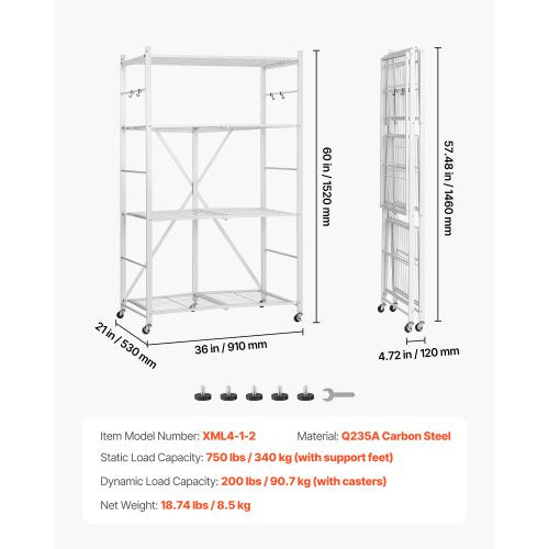 4Tier Foldable Storage Shelf 36W x 21D x 60 H Inch Folding Metal Rack