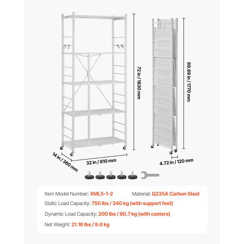 5Tier Foldable Storage Shelf 32W x 14D x 72H Inch Folding Metal Rack a