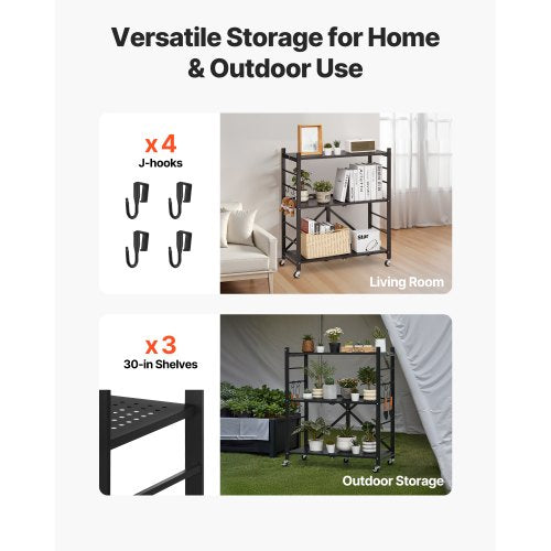 3Tier Foldable Storage Shelf 30W x 13D x 36H Inch Folding Metal Rack