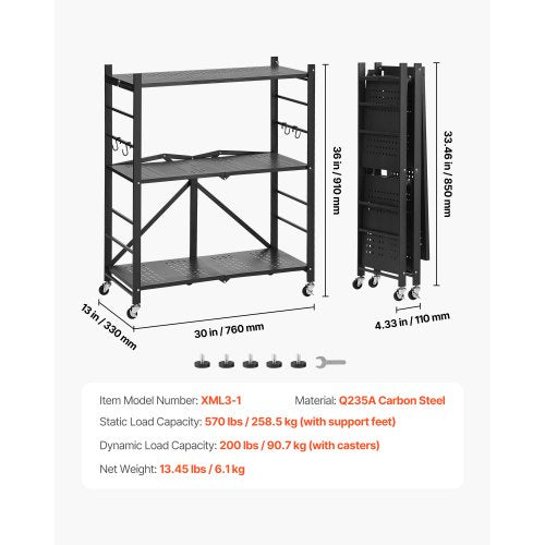 3Tier Foldable Storage Shelf 30W x 13D x 36H Inch Folding Metal Rack