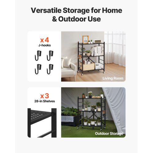 3Tier Foldable Storage Shelf 28W x 13D x 36H Inch Folding Metal Rack