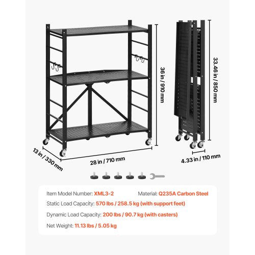 3Tier Foldable Storage Shelf 28W x 13D x 36H Inch Folding Metal Rack