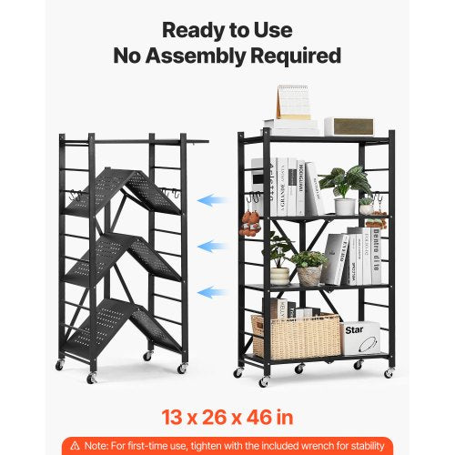 4Tier Foldable Storage Shelf 26W x 13D x 46H Inch Folding Metal Rack
