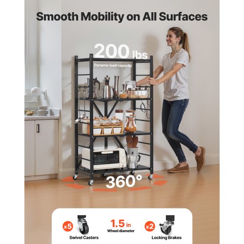 4Tier Foldable Storage Shelf 26W x 13D x 46H Inch Folding Metal Rack