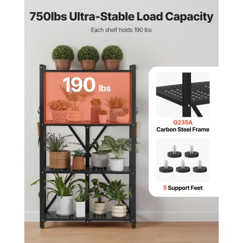 4Tier Foldable Storage Shelf 26W x 13D x 46H Inch Folding Metal Rack