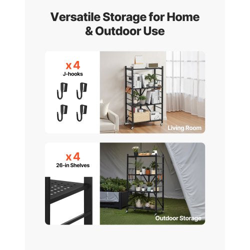 4Tier Foldable Storage Shelf 26W x 13D x 46H Inch Folding Metal Rack