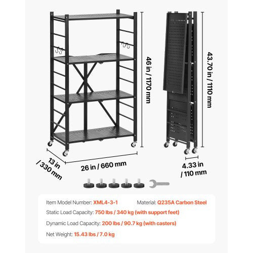 4Tier Foldable Storage Shelf 26W x 13D x 46H Inch Folding Metal Rack