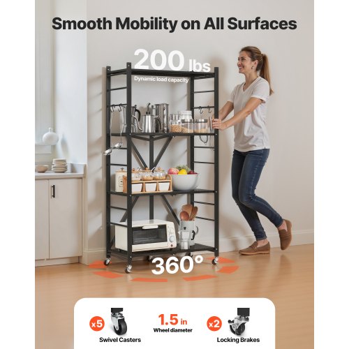 4Tier Foldable Storage Shelf 28W x 13D x 54H Inch Folding Metal Rack