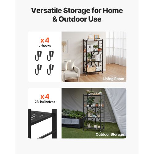 4Tier Foldable Storage Shelf 28W x 13D x 54H Inch Folding Metal Rack