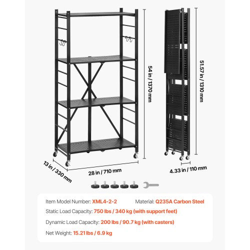 4Tier Foldable Storage Shelf 28W x 13D x 54H Inch Folding Metal Rack