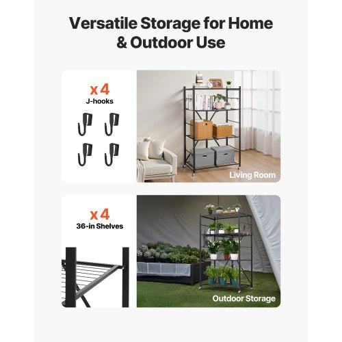 4Tier Foldable Storage Shelf 36W x 21D x 60H Inch Folding Metal Rack