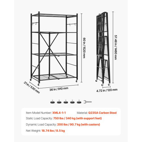 4Tier Foldable Storage Shelf 36W x 21D x 60H Inch Folding Metal Rack