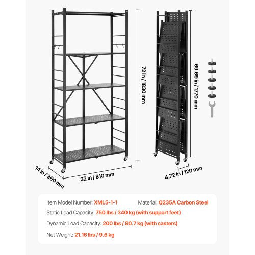 5Tier Foldable Storage Shelf 32W x 14D x 72H Inch Folding Metal Rack b