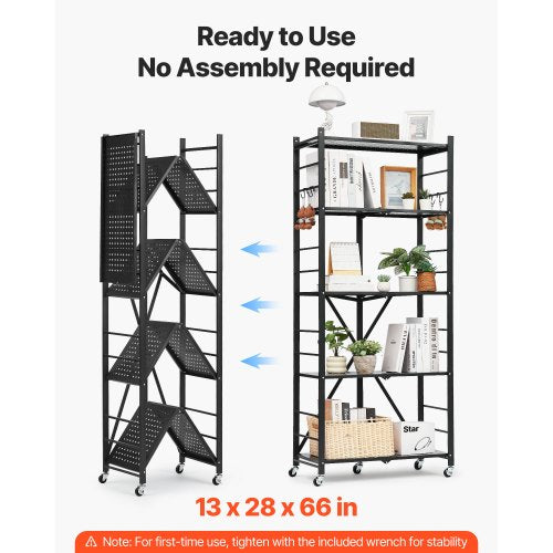 5Tier Foldable Storage Shelf 28W x 13D x 66H Inch Folding Metal Rack