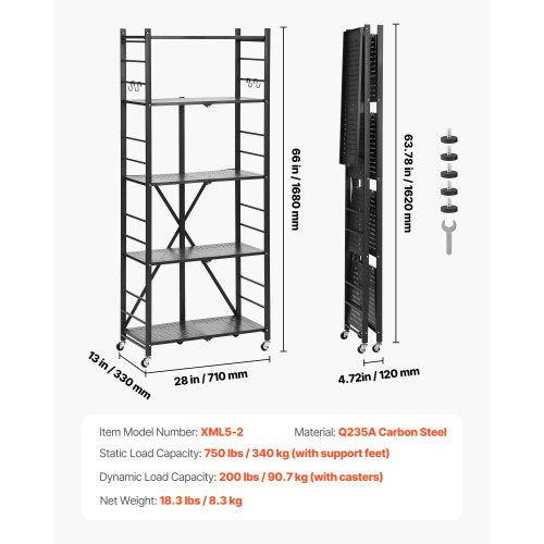 5Tier Foldable Storage Shelf 28W x 13D x 66H Inch Folding Metal Rack
