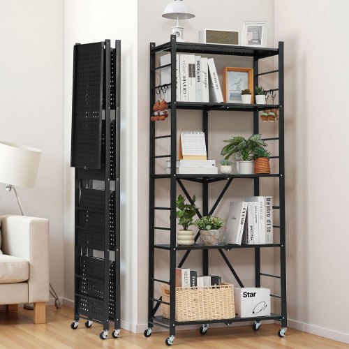 5Tier Foldable Storage Shelf 28W x 13D x 66H Inch Folding Metal Rack