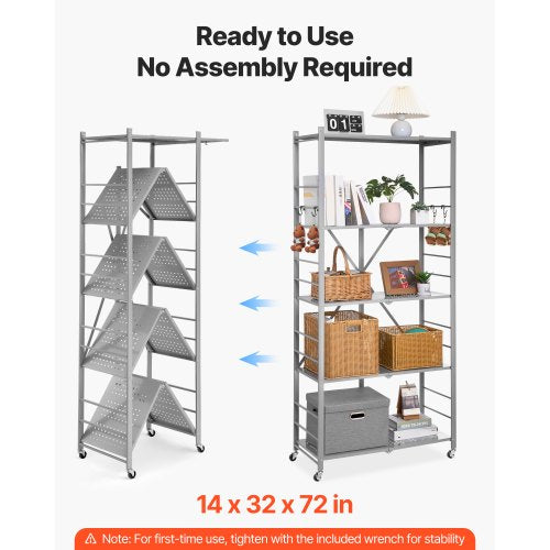 5Tier Foldable Storage Shelf 32W x 14D x 72H Inch Folding Metal Rack c