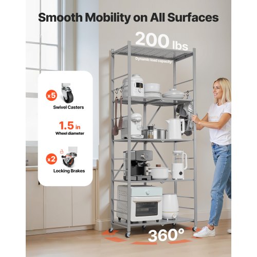 5Tier Foldable Storage Shelf 32W x 14D x 72H Inch Folding Metal Rack c