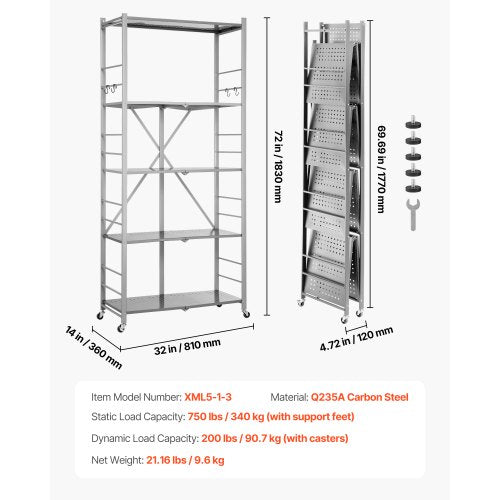 5Tier Foldable Storage Shelf 32W x 14D x 72H Inch Folding Metal Rack c