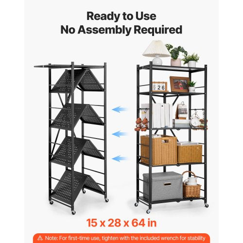 5Tier Foldable Storage Shelf 28W x 15D x 64H Inch Folding Metal Rack