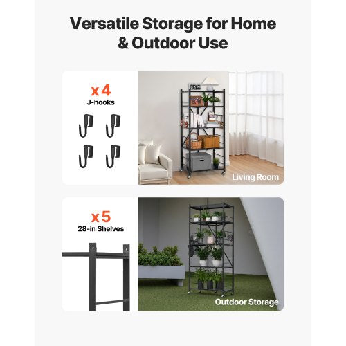 5Tier Foldable Storage Shelf 28W x 15D x 64H Inch Folding Metal Rack