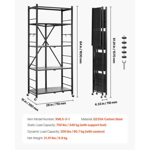 5Tier Foldable Storage Shelf 28W x 15D x 64H Inch Folding Metal Rack