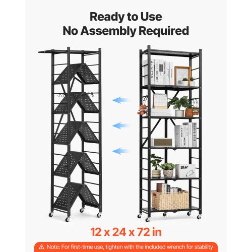 6Tier Foldable Storage Shelf 24W x 12D x 72H Inch Folding Metal Rack