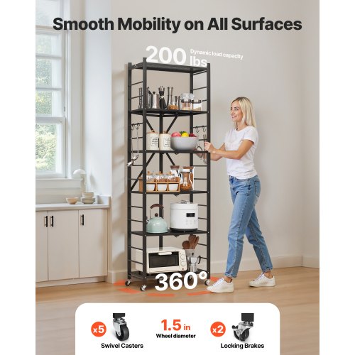 6Tier Foldable Storage Shelf 24W x 12D x 72H Inch Folding Metal Rack