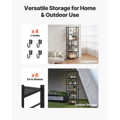 6Tier Foldable Storage Shelf 24W x 12D x 72H Inch Folding Metal Rack