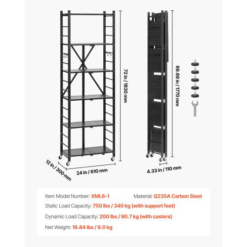 6Tier Foldable Storage Shelf 24W x 12D x 72H Inch Folding Metal Rack