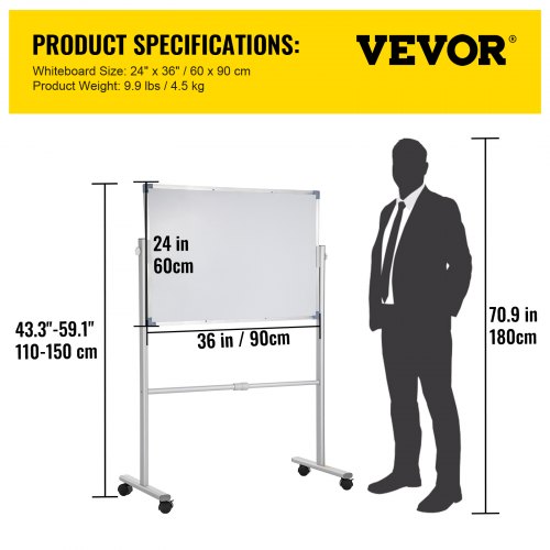 Mobile Magnetic Whiteboard 36 x 24 Inch Double Sided 360 Degree