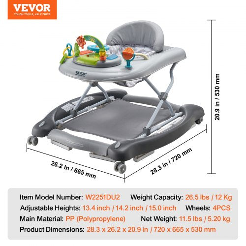 4in1 Baby Walker Foldable Baby Activity Center on Wheels 3 Adjustable