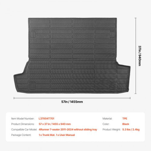 Cargo Mat Compatible with Toyota 4Runner 7 Seater 20102024 without Sliding