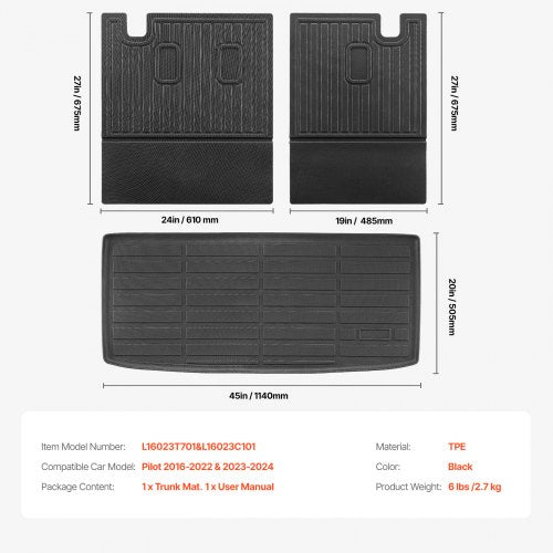 Cargo Mats Compatible with 20162022 20232024 Honda Pilot Custom Fit TPE