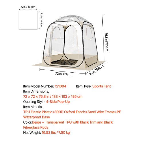 Pop up Sports Tent 72x72 in Clear Bubble Tent for 24 Persons Waterproof