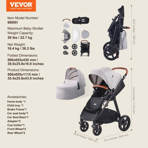 Travel System Stroller with Infant Bassinet 2in1 Baby Cradle Stroller