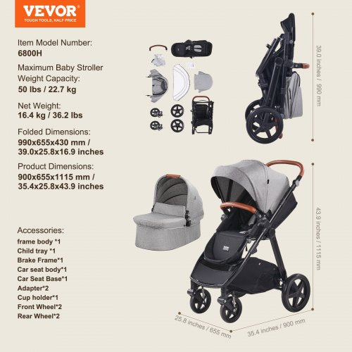 Travel System Stroller with Infant Bassinet 2in1 Baby Cradle Stroller