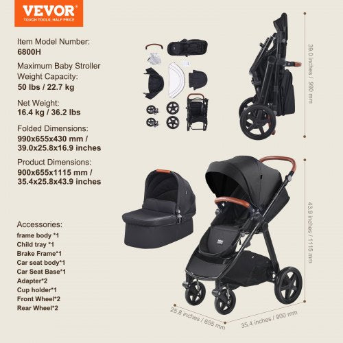 Travel System Stroller with Infant Bassinet 2in1 Baby Cradle Stroller