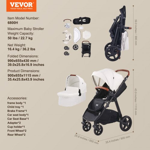 Travel System Stroller with Infant Bassinet 2in1 Baby Cradle Stroller
